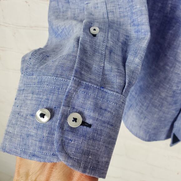 Untuckit Mens 100% Linen Vin Santo Long Sleeve Button Up Shirt L Blue Slim Fit - Picture 9 of 16